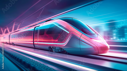 Electric speed train at fast ride with motion blurred city background. Postproducted generative AI illustration.
