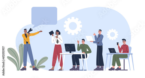 Boss pushing employees. Chief with megaphone manages and hurries team. Businessman speaker distributes orders. Teamwork management. Entrepreneur speaks into bullhorn. Vector concept