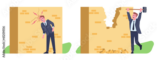 Businessman beats his head against brick wall. Joyful man smashes through masonry with hammer. Guy overcoming obstacles. Fail or success. Person breaking obstruction. Vector concept