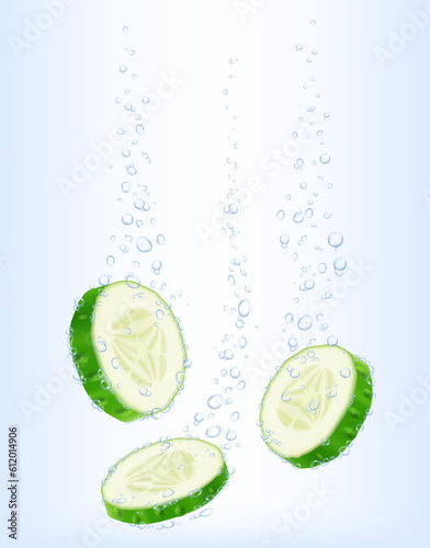 Slices of cucumber fall into clear water, a lot of bubbles. Realistic 3D vector illustration. ?an be used as advertising of cosmetics, medical products, packaging design. Health, beauty concept