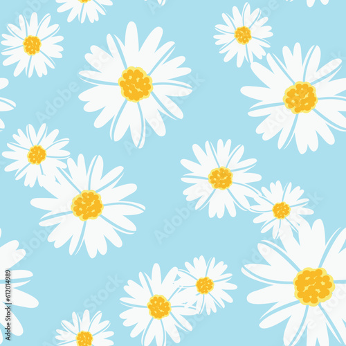 Daisy colorful seamless pattern in blue, white and yellow. Daisies vector print in color.