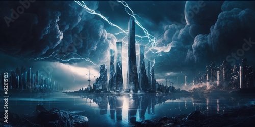 Destructive and powerful thunder storm strike metropolis city with thunderbolt. superlative generative AI image.