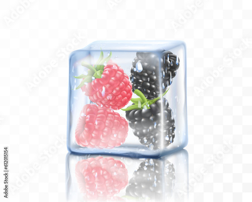 Fresh ripe raspberries and blackberries in big ice cube isolated on transparent background. Frozen berries, realistic 3d vector illustration