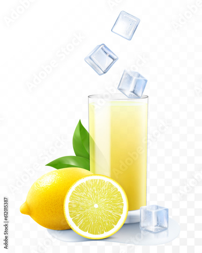 A glass of fresh lemonade with ice cubes falling into the glass. Cup of lemon juice or smoothies with ripe lemon, isolated on transparent background. Realistic 3d vector