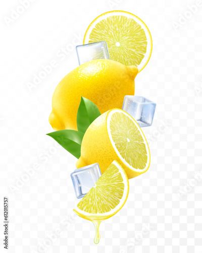 Fresh lemon with ice cubes falling or flying. Composition of elements lemon with leaves, half lemon, sliced lemon , 3D realistic vector illustration isolated on transparent background