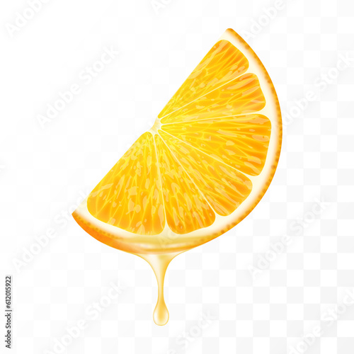 Sliced of orange with juice dripping isolated on transparent background. Fresh slice of orange with essential oil dripping. Juicy fruit. Fresh citrus design. Realistic 3d vector