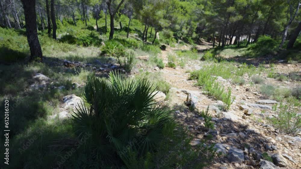 Province of Castellon. Rocks and turquoise sea with waves. Favorite place for active walks. VIA VERDE BENICASIM OROPESA. Difficult ascent along the path of stones uphill. Oropesa del Mar Province of Castellon. Rocks and turquoise sea with waves. Favorite place for active walks. VIA VERDE BENICASIM OROPESA. Difficult ascent along the path of stones uphill. Oropesa del Mar