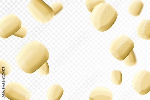 Falling peeled potato, whole vegetables isolated on transparent background, selective focus. Realistic 3d vector illustration