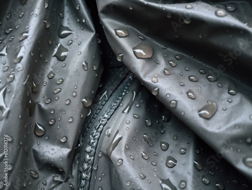 A close up of a rain jacket with water droplets on it. Generative AI image.