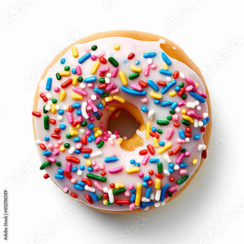 Delicious donut with colorful sprinkles seen from the top on white background.