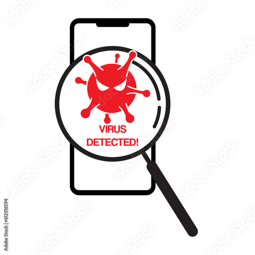 smartphone malware virus and bugs detected illustration with magnifier on smartphone screen