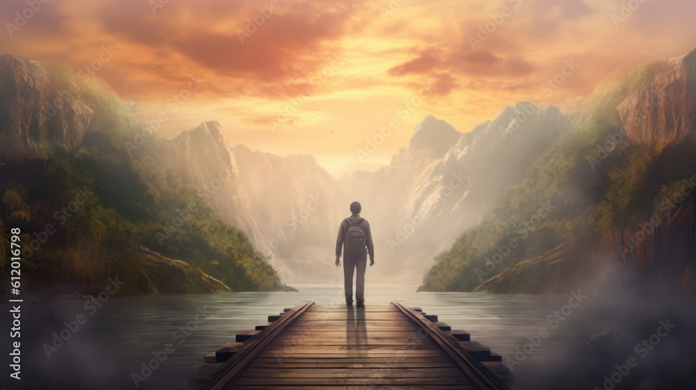 Illustration of starting a new journey with a man from rear / back view walking a long path towards the lake to fulfill goals & dreams. With Licensed Generative AI Technology Assistance.
