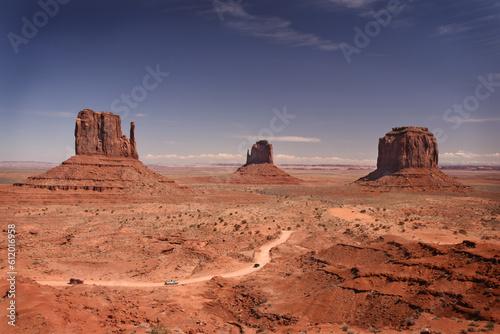 Amazing red rock formations in the Monument Valley, Navajo Tribal Park, Utah, USA. Dry dessert landscape