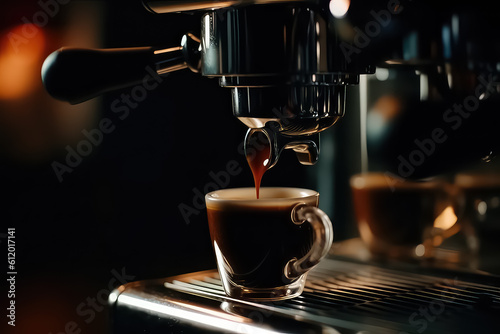 Close up of espresso pouring from coffee machine, AI