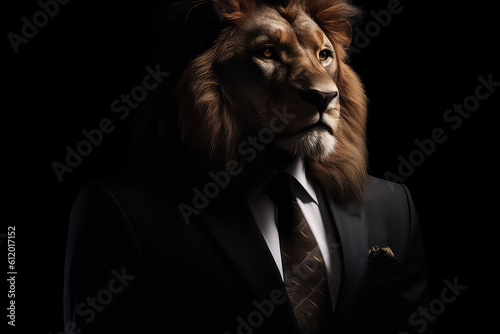 Lion in Business Suit on black background, AI