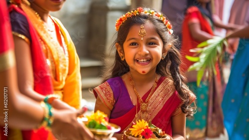 With her family, a small girl celebrates Teej. GENERATE AI