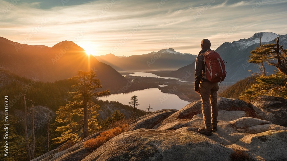 Fototapeta premium Photographer of travel and adventure capturing images of a spring sunset while hiking in the mountains. GENERATE AI
