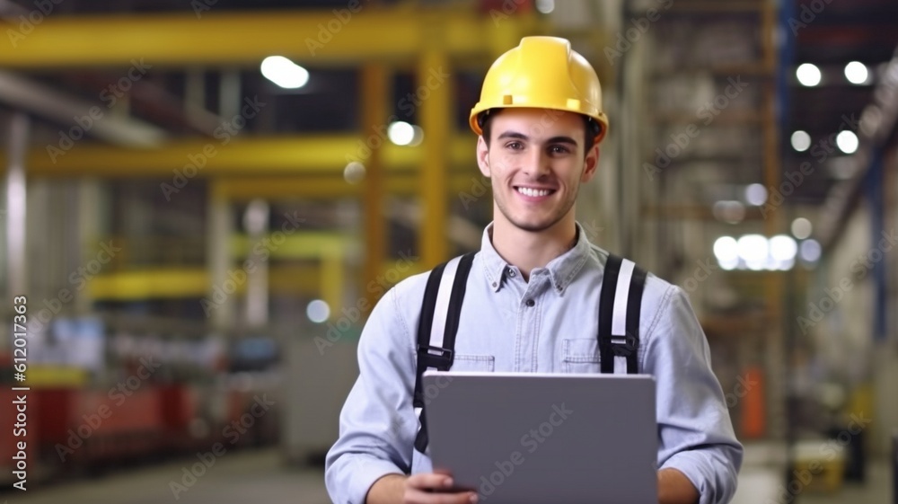 full-length photograph An attractive engineer wearing a safety helmet and grinning. laptop in hand and engineer suit. GENERATE AI
