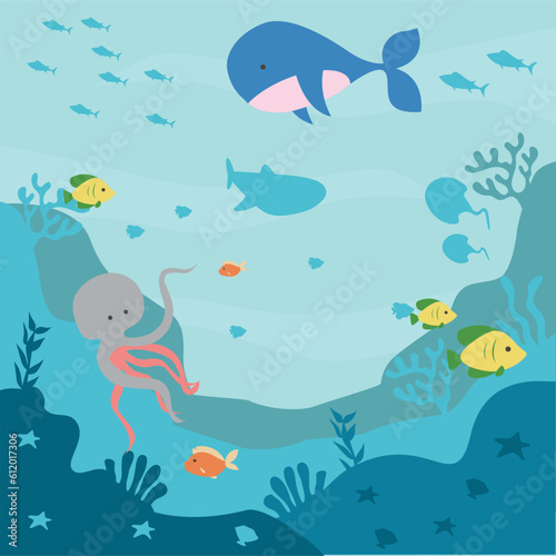 Underwater life background illustration with cute diver character