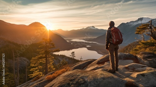 Photographer of travel and adventure capturing images of a spring sunset while hiking in the mountains. GENERATE AI