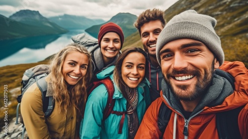 Four hikers with backpacks take a selfie while walking across the mountains. GENERATE AI © Sawitree88