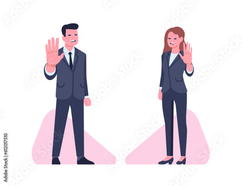 Man and woman disagreement gesture. Businessmen put their hand forward expressing rejection. Refuse and denial signal. Standing office workers. Nonverbal communication. Vector concept