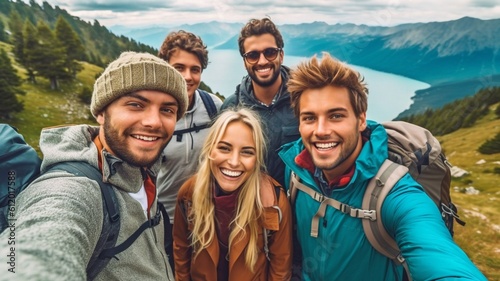 Four hikers with backpacks take a selfie while walking across the mountains. GENERATE AI