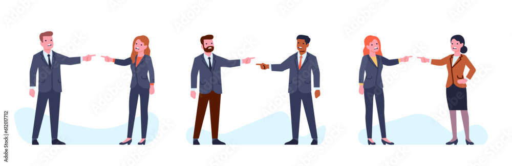 Men and women blaming each other, looking for someone to blame. Business people conflict. Colleagues pointing fingers to culprit. Managers quarrel. Vector arguing office workers set Men and women blaming each other, looking for someone to blame. Business people conflict. Colleagues pointing fingers to culprit. Managers quarrel. Vector arguing office workers set