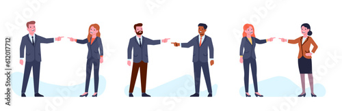 Men and women blaming each other, looking for someone to blame. Business people conflict. Colleagues pointing fingers to culprit. Managers quarrel. Vector arguing office workers set