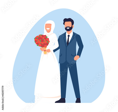 Muslim wedding couple. Happy bride and groom. Holiday dress and suit. Islamic marriage celebration. Arabic newlyweds. Wife and husband portrait. Married man and woman. Vector concept