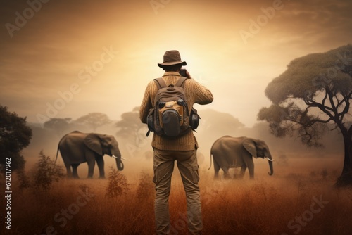 Safari man photographer elephants. Generate Ai