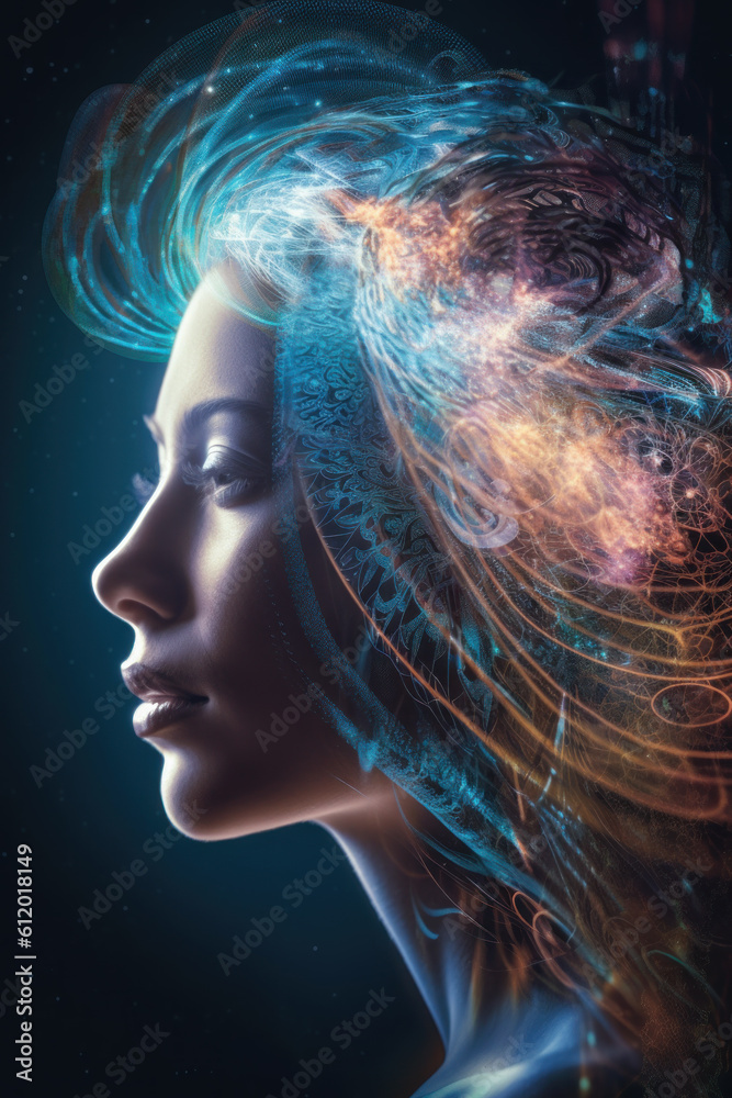 Profile of a woman with colorful psychic waves and aura, Generative AI Profile of a woman with colorful psychic waves and aura, Generative AI