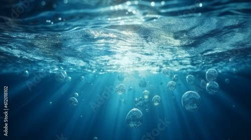 fresh blue natural drink water wave wide panorama with bubbles concept isolated white background,Generative AI, ジェネレーティブ, AI, water,水中, 水面, 波 © meme