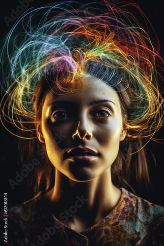 Portrait of a woman with colorful psychic waves and aura, Generative AI