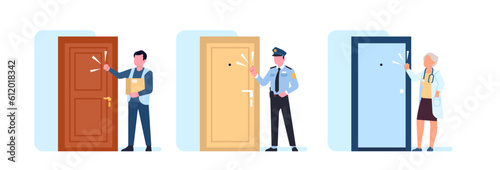 People knocking on door. Policeman and doctor standing in front of house entrance. Courier delivering order. Guests rings doorbell. Police officer and physician visit. Vector visitors set