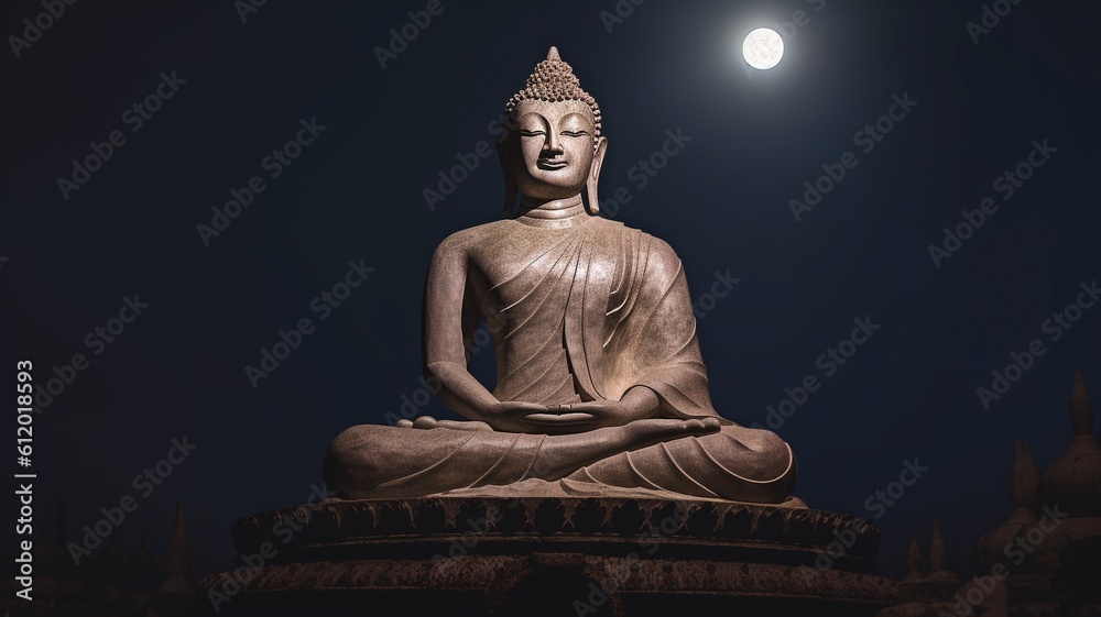 The largest and oldest Buddha statue is located in an ancient temple in Ayutthaya, Thailand, with a large full moon rising over a gloomy night. GENERATE AI