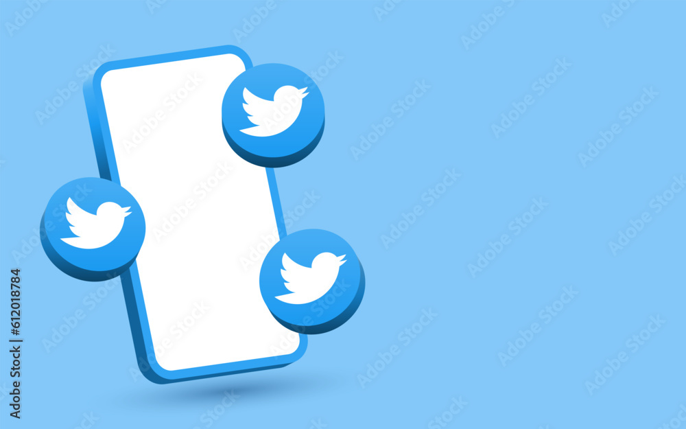 Smartphone with 3d twitter logo social media icons. social media logo