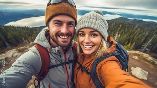 hiking travel selfie by a joyful couple. GENERATE AI