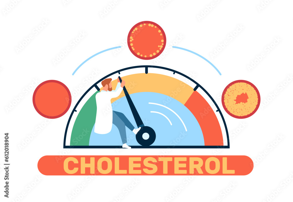 Physicians care for lowering cholesterol level in body. Doctor pushing speedometer arrow. Measuring instrument. Blood arterial vessel with fat. Medical test measurement. Vector concept