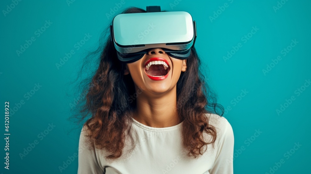 A young woman using a VR headset. GENERATE AI A young woman using a VR headset. GENERATE AI