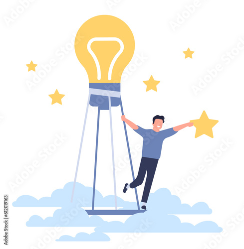 Purpose and dreams. Man in balloon idea reaches star. Goals achievement. Lightbulb and clouds. Businessman success. Inspiration and solution. Successful guy flying in sky. Vector concept