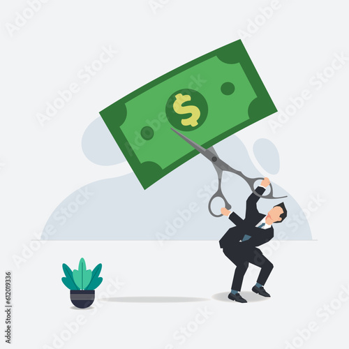 Businessman using scissor to cut the money vector illustration
