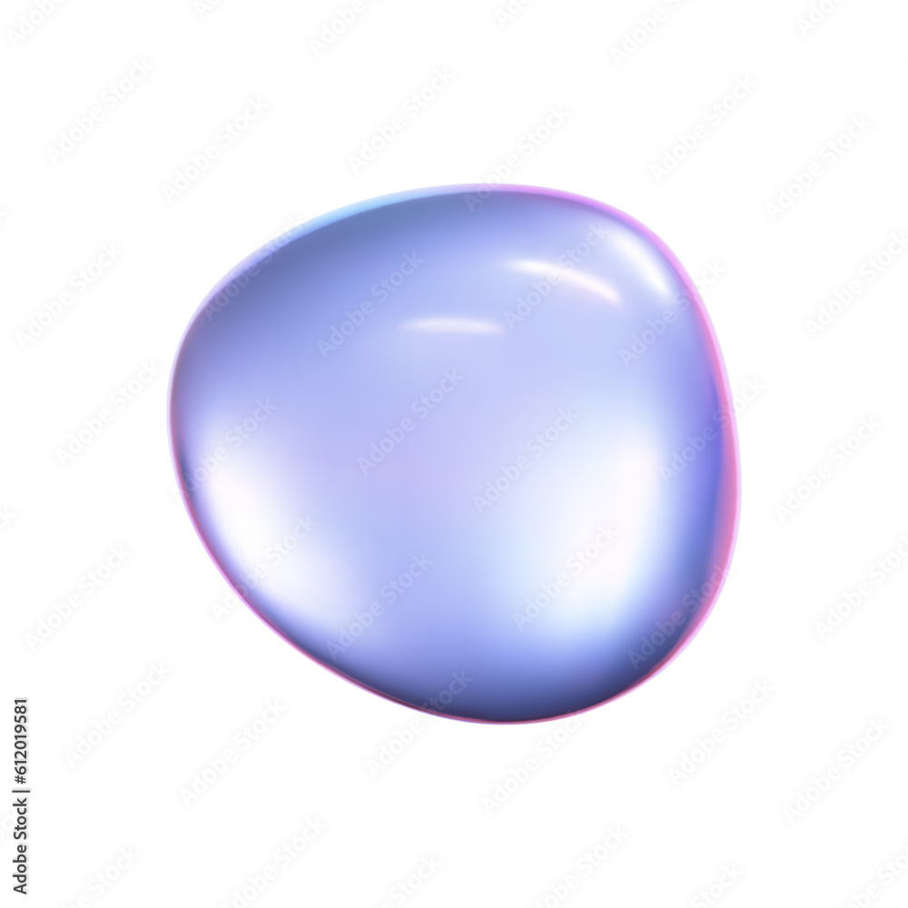 3d holographic liquid shape, iridescent chrome fluid bubble isolated on white background. Render of abstract holographic metal blob with rainbow gradient effect. 3d vector geometric illustration