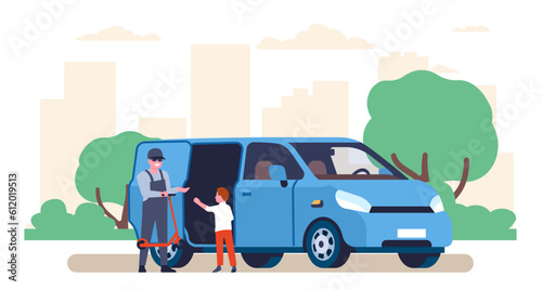 Strange man in glasses lures child into car offering to give him scooter. Babies abduction. Crime trap for little children. Pedophilia and kidnapping. Suspicious person. Vector concept