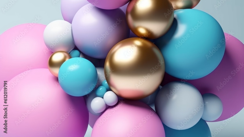3d animation 4K. Abstract background with colorful balls stuck together. Festive pink blue gold balloons, Generative AI