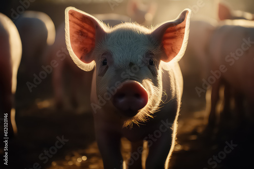 portrait of a pig in a pig farm in a neat and clean indoor livestock farm. AI © yurakrasil