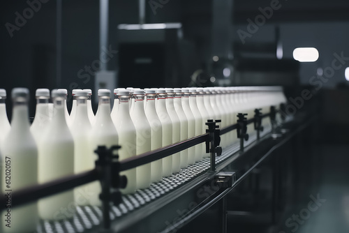 conveyor with milk bottles on factory, AI