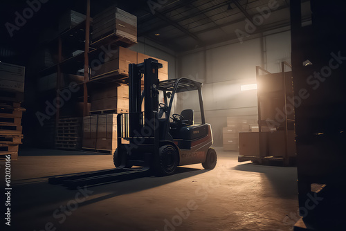 warehouse driver loading cardboard boxes by forklift stacker loader, AI