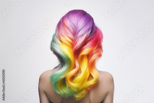 Woman hair as color splash. Beautiful young woman model with glowing healthy skin, AI