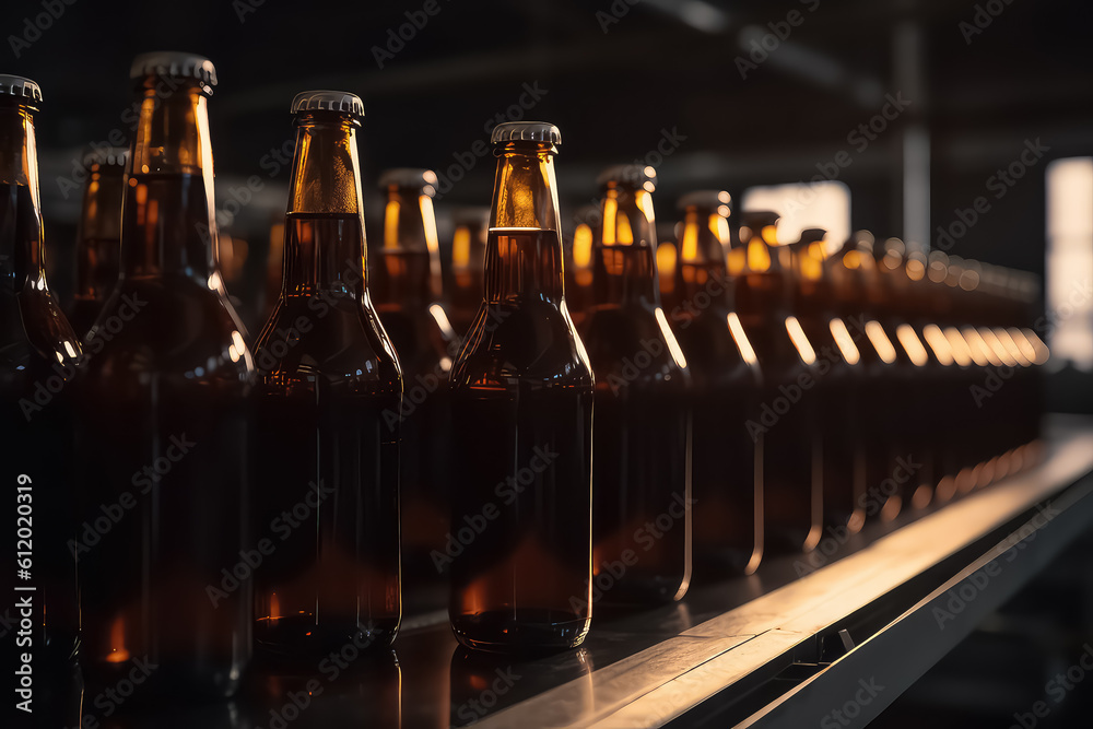 Concept brewery plant production line, Glass bottles of beer on dark background with sun light. AI